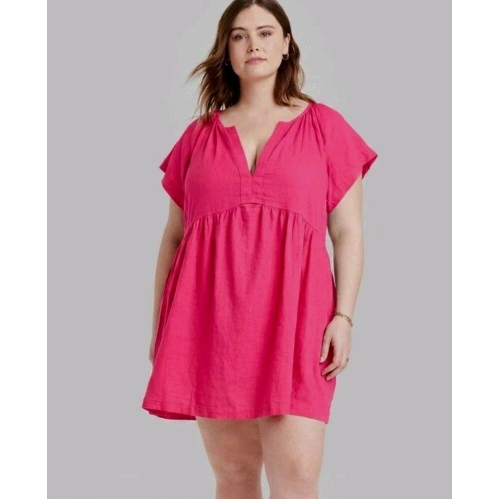 NWT Universal Thread Size L Linen Blend Mini Shift Dress Hot Pink Pockets